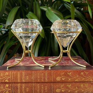 Pair of Bleikristall Crystal Votive Solitaire Diamond Tea Light Candle Holders